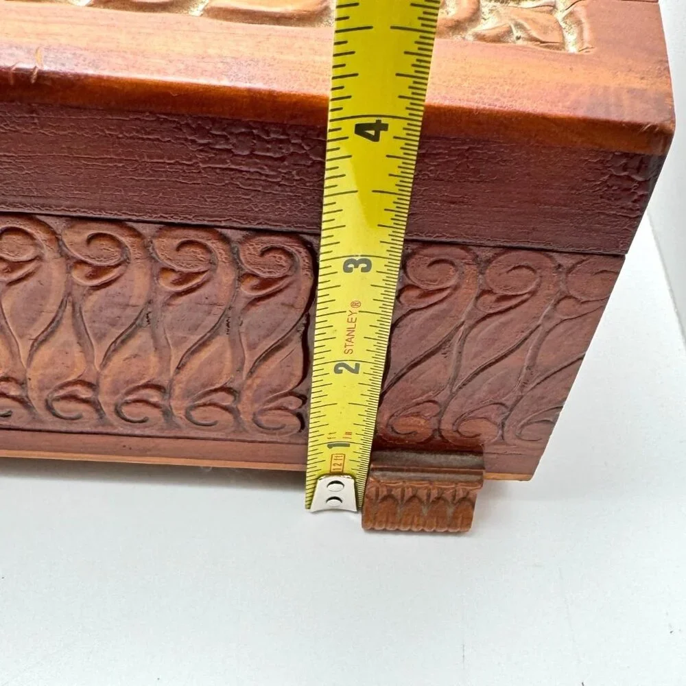 Vtg 1950s Hand-Carved Cedar Wood Jewelry Box Mirror Windmill Footed Base